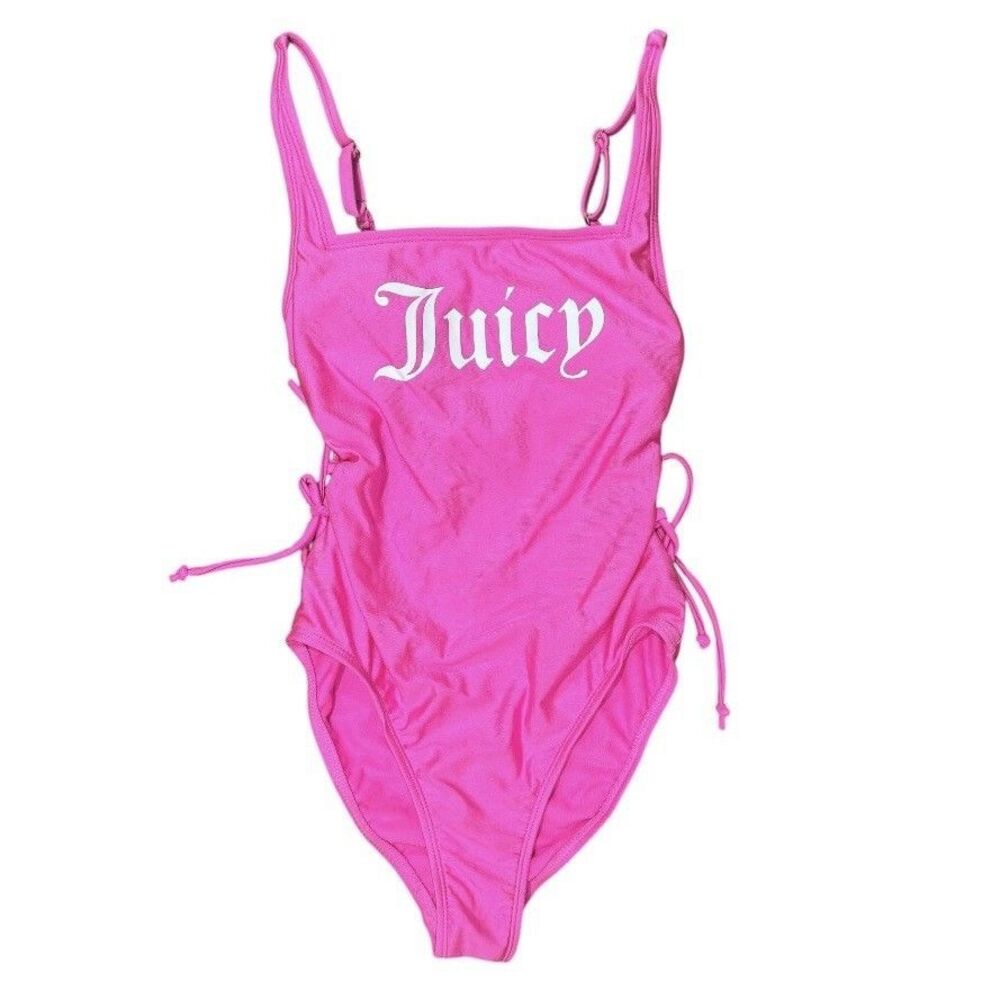 Juicy Couture Hot Pink One Piece Swimsuit XS Lace Up Sides Hot Pink Logo Y2K